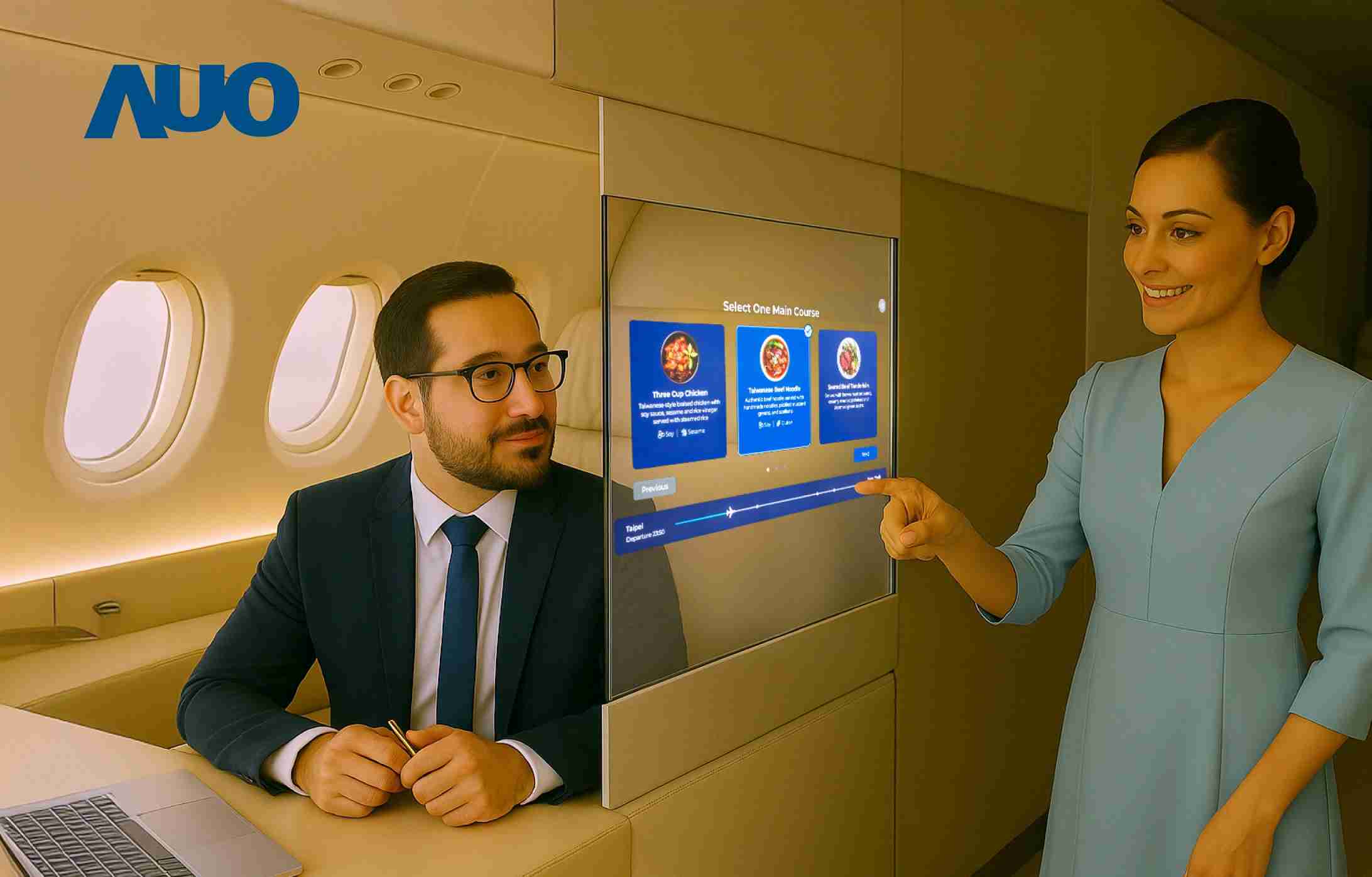 开云电子研发全球最薄17.3 吋双面透明 Micro LED 显示器，，，可在同一屏幕之双边投射不同信息，，，，创造独特的”透明化”互动；图为实时翻译交流应用情境